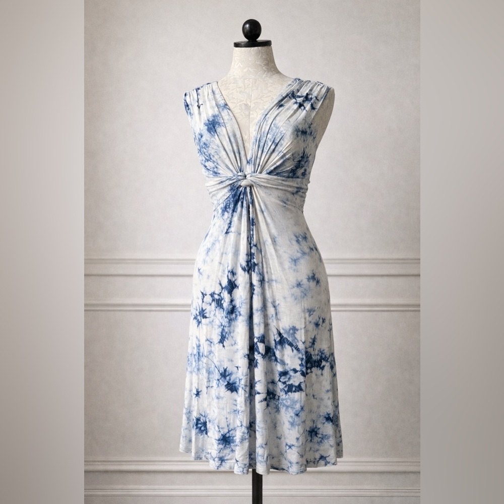 S-Twelve Blue Tie-Dye Knot Front Midi Dress